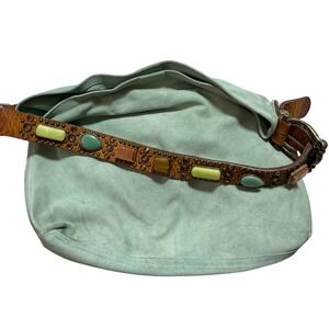 Leather Rock  USA Green Suede Purse w/ Leather Strap Stones Embedded (stained)